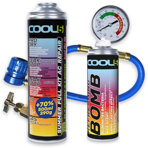 Cool5 Klimaanlagen Reparatursatz Sommer Full KIT AC 5in1 (R134a Gas Ersatz) mit Messschlauch - Für Autos 1995-2016, 290g +70% Produkt Refreshing Bomb