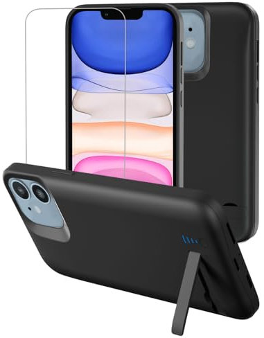 Gladgogo Akku Hülle für iPhone 11 (8500 mAh, 6,1Zoll), Ultra-schlanke Akkuhülle Wiederaufladbar Batterie mit Faltbarer Handyhalter und Schutzfolie, Tragbares Batterieladegerät Hülle, Schwarz