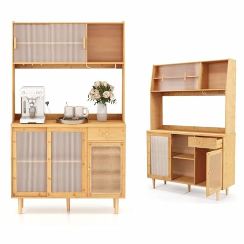 KOMFOTTEU Credenza Alta da Cucina 175 cm, Mobile Cucina Dispensa in Bambù, Mobile Buffet con 3 Ante, 1 Cassetto, 3 Ganci e 1 Portabicchiere, per Soggiorno, Sala da Pranzo, 120 x 35 x 175 cm, Naturale