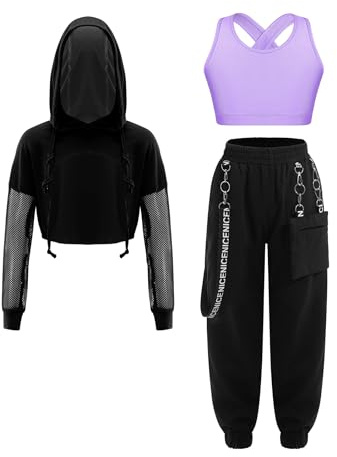 Yruioon Kinder Mädchen Hip Hop Kleidung Trainingsanzug 3tlg. Langarmshirt + Sport BH Crop Tops + Cargohose Sportanzug Jazz Street Dance Outfit Lila 134-140
