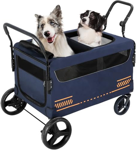 RUYICZB Hundewagen Große Hunde Hundebuggy Bis 80Kg Faltbar Klappbar Haustiere Buggy Katzenwagen Für 2 Große Und Mittelgroße Hunde Schwenkbares 360° Vorderrad, Hinterradbremsen,Blau