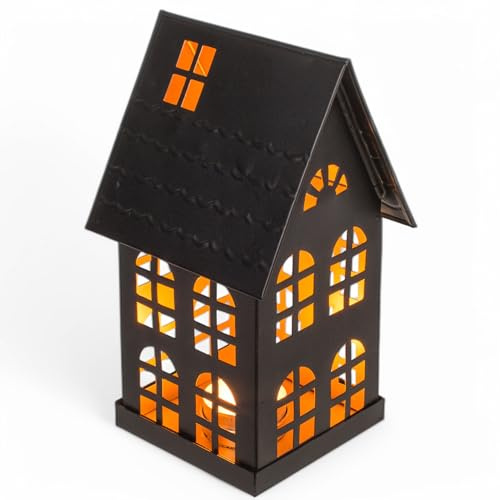 MIJOMA Metall-Deko-Haus Schwarz – Stilvolle Windlicht-Häuser für Teelichter – Moderne Kerzenhalter aus Metall für gemütliche Atmosphäre (11 x 10 x 19 cm)