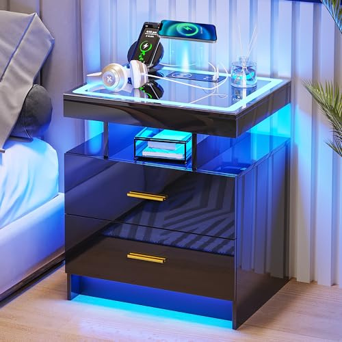 LED Bedside Table with Charging Station & 2 Drawers for Living Room Bedroom | 3 Color Dimmable Modern Smart Night Stand with USB Type-C port Bedroom,black