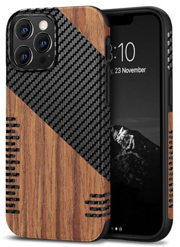 TENDLIN Coque Compatible avec iPhone 13 Pro Etui Hybride en Bois et Carbone et Cuir Compatible avec iPhone 13 Pro (Twill)