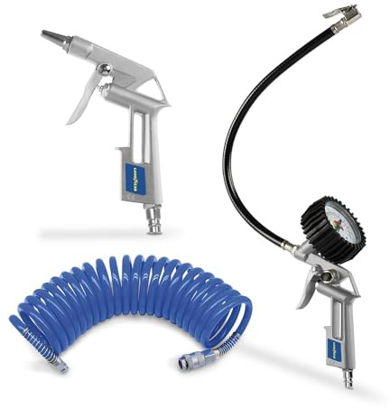 GoodYear - Kit 3 Accesorios Compresor Aire con Pistola Soplado e Inflado, Manómetro 0‑8 bar, Manguera Espiral 5 m, Caudal 140 l/m, ideal Herramientas Neumáticas y Mantenimiento diario