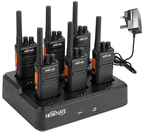 HESENATE HT66 PMR446 Walkie Talkies for Adults, Long Range Rechargeable 2 Way Radio with 6 Way Charger, USB-C Charging, 16 Channels, VOX, for School, Construction, Warehouse, Outdoor (Black, 6 Pack)