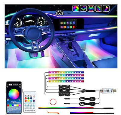 Striscia LED interna per auto con controllo tramite app,Kit di illuminazione ambientale al neon RGB 6 in 1,Striscia LED sotto il cruscotto e nel vano piedi con sincronizzazione musicale