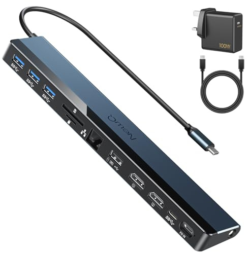 USB-C Docking Station Dual Monitor with Dual HDMI 4K@30–60Hz, USB-A, USB-C, 100W PD, SD/TF, Ethernet, 3.5mm Audio, for MacBook, Windows, Chromebook, with 100W Adapter