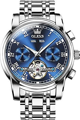 OLEVS Montre Homme Mécanique Automatique Tourbillon Calendrier Étanche Lumineuse Bicolore 6607-Argent/Bleu