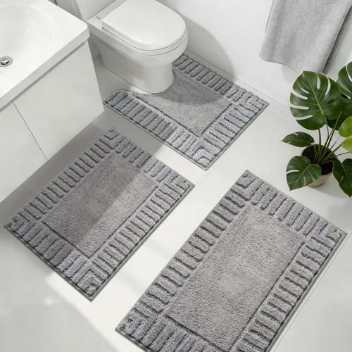 Famibay Bath Mat Sets 3 Piece Non Slip Absorbent Washable Bath and Pedestal Mat Grey Soft Toilet Rug Microfiber Bathroom Floor Mat