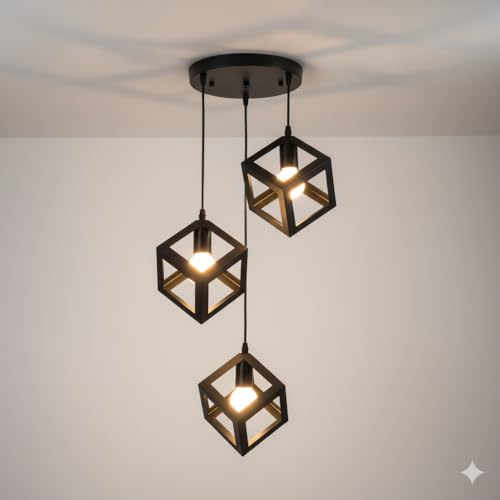 Lampadario Moderno a Sospensione 3 Luci | Design Geometrico con Cubi in Metallo | Attacco E27 | Nero o Bianco Opaco | Illuminazione Industriale per Cucina, Sala da Pranzo, Soggiorno, Ingresso (Nero)