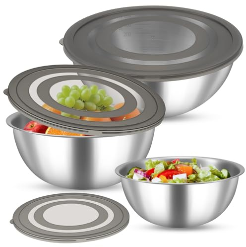 Yocdunm 6 Pcs Mixing Bowl Set,Stainless Steel Nesting Salad Bowl with Airtight Transparent Lid,Mixing Bowls for Baking, Salad Bowl for Kitchen Mixing,Serving, Baking & Food Storage,17/19/21cm (Silver)
