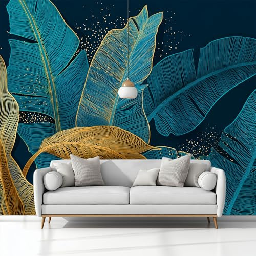 Générique Papier Peint Panoramique 250x175 cm, Papier Peint Intissé Décoration Murale Dessin Au Trait Feuille De Bananier Bleu Foncé 3D Tapisserie Peinture Poster Geant Murale pour Chambre Salon