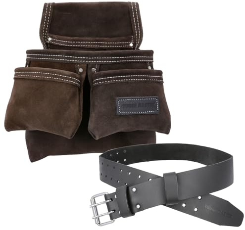 TOUGH MASTER Tool Pouch, 4 Multi Pockets Suede Buffalo Leather Work DIY Organiser For Builders, Carpenters, Gardeners (With 1.4 M Leather Belt)