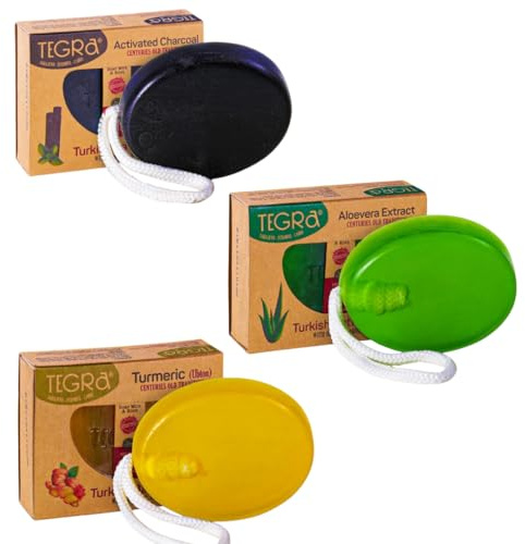 TEGRA Turkish Soap Set with Rope, Activated Charcoal, Turmeric, Aloe Vera Extract, Plant Based, Face and Body, Deep Cleansing, Acne and Blackhead Control, 3 Pack