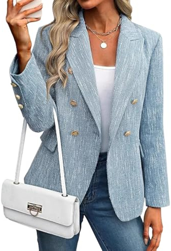 ticticlily Blazer Donna Elegante Lungo Giacca con Colletto con Revers e Doppiopetto Giacche da Ufficio Giubbotto Chic Casuale B Azzurro XL