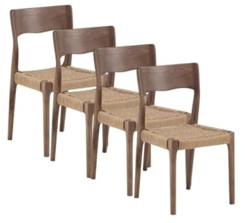 GEESEHOME Pack 4 Sillas Madera de Fresno Color Nogal con Asiento Trenzado Marrón Claro, Estilo Cálido y Natural