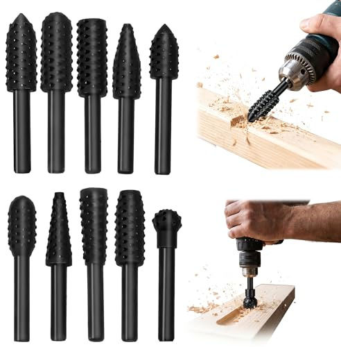 Ousuwo Set di 10 raspe in legno per trapani, grattugia per legno con fusto da 1/4 e set di lime rotanti per lavori fai da te, scultura e incisione