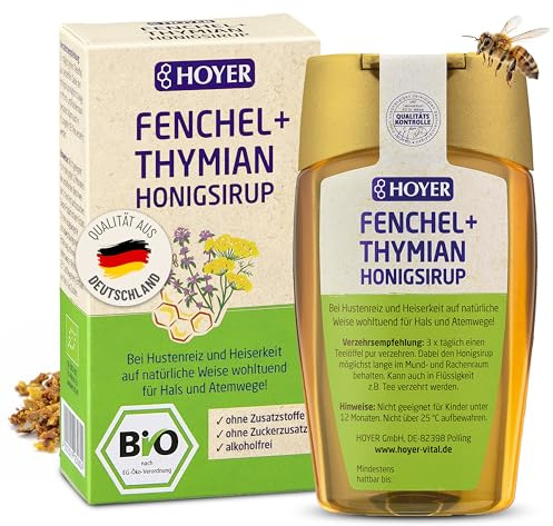 HOYER Bio Honigsirup Fenchel + Thymian 6 x 250 g | Für Kinder ab 1 Jahr & Erwachsene - Ohne Zusatzstoffe - Wohltuend bei Husten & Heiserkeit - Honig, Fenchelöl, Thymianöl