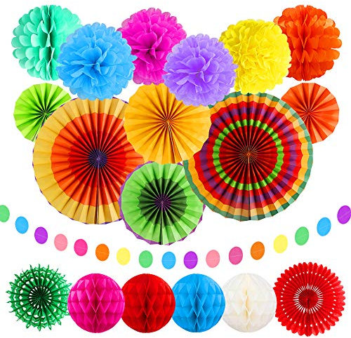 Dadabig Party Decoration, 20Pcs Rainbow Hanging Paper Fans Decoration Set, Colorful Hanging Paper Pompoms Flower Garlands Polka Dot Pom Poms Flower for Wedding, Carnivals, Festival and Mexican Party