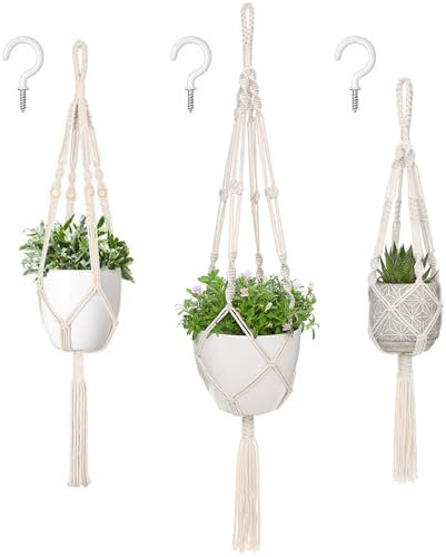 Mkouo 3 Stück Makramee Blumenampel Pflanzenhänger Baumwollseil Blumentopfhalter mit Quasten Boho Deko für Innen Außen Balkon Wohnkultur 66cm/86cm/104cm