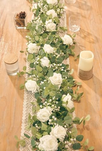 Anna's Whimsy 180 cm Artificial Eucalyptus Flower Garland, Fake Rose Gypsophila Wreaths, Flower Vines, Floral Garland Decoration for Wedding Party Home Craft Art Table Runner Decor, White