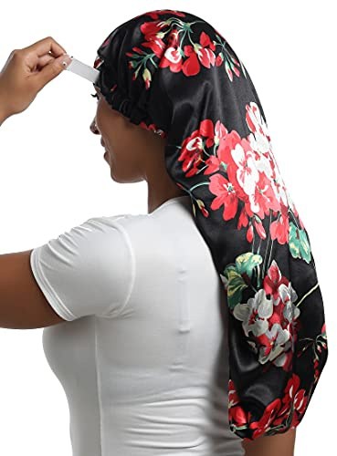 SAYMRE Satin-Haube, seidige Schlafkappe, verstellbare Haarhaube für Zöpfe, lockiges Haar, Lange schwarze Blume, S/XXL
