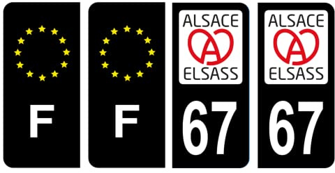 HADEXIA Nummernschild-Aufkleber, französisches Departement 67 Bas-Rhin, Region Alsass, Alsass, Schwarz, Farbe & F, Frankreich, Europa, 4 Stück