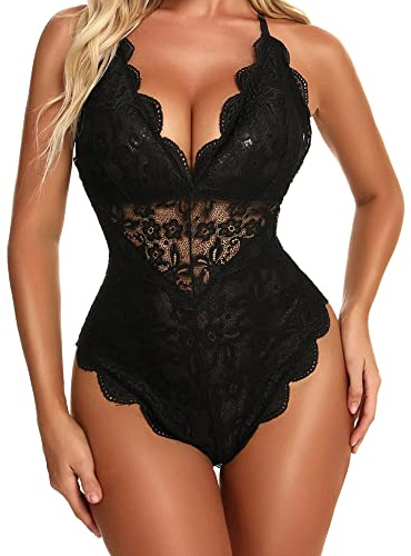 Aranmei Bodysuit Sexy con Chiusura a Scatto per Donne, Monopezzo Provocante, Lingerie in Pizzo Babydoll Teddy, Nero , S