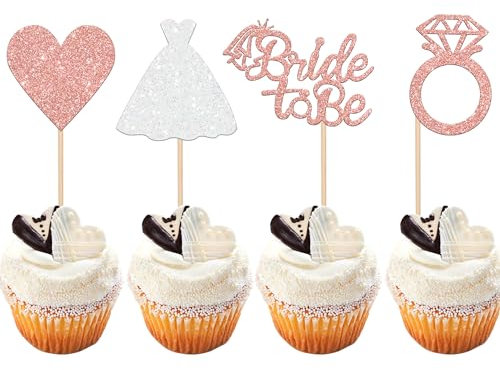 Xsstarmi 24 PCS Bride to Be Cupcake Toppers Glitter Heart Diamond Ring Bride Dress Bridal Shower Cupcake Picks Wedding Engagement Bachelorette Hen Party Cake Decorations Supplies Rose Gold