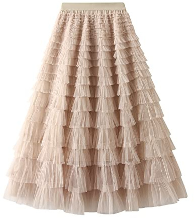 Falda de Tul con Cintura Alta para Mujer Falda de Malla con Capas Midi Falda de Línea A con Cintura Elástica Falda Larga Tutú de Mujer Falda Plisada para Fiesta Club Cita (Albaricoque, Talla Única)