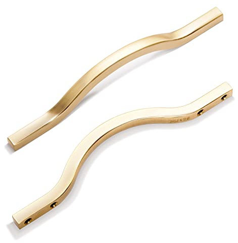 Goo-Ki Low Profile Brushed Brass Cabinet Pulls, Double Hole Centers(3.8''/5'') Zinc Alloy Handle for Drawer Cupboard Wardrobe,6 Packed