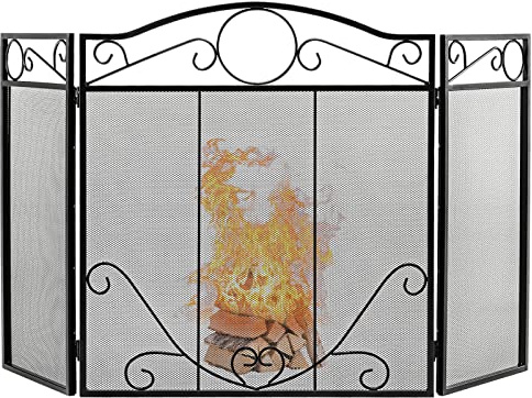 COSTWAY 3 PCS Folding Iron Fire Panel, Spark Flame Barrier with Leaves Decoration, Wide Metal Mesh Safety Fire Place Guard for Wood and Coal Firing, Stoves, Grills (Scrollwork Pattern, 127x73cm)