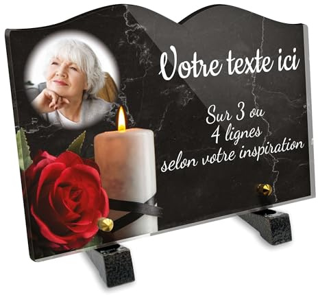 Plaque funéraire Livre avec Photo Personnalisable en plexi Motif Bougie et Rose Rouge, différentes Tailles, épaisseur 6mm, personnalisée sur Plusieurs Lignes 22x15 cm