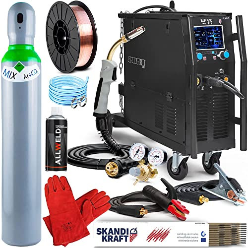 ALLWELD Spartus EasyMIG 375-350A vollsynergisches MIG MAG Schweißgerät Schutzgas 400V mit Fahrwerk und 4-Rollen-Drahtvorschub - Fülldraht, MMA, WIG und Lötschweißen, Set zum Auswählen:Professional