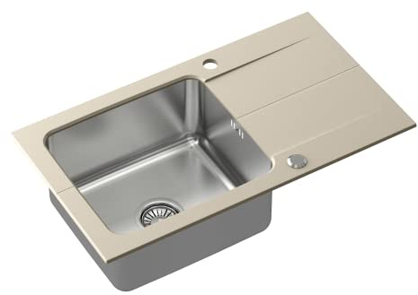 QUADRON Spülbecken Beige | Größe 78 x 44 cm | Edelstahlspüle EDWARD Einzelbecken Küchenspüle mit Stahlkammer | Granit Spülbecken mit manuellem Siphon und Schraubverschluss | mit Abtropffläche
