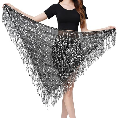 MUNAFIE Glitzer Pailletten Rock, Bauchtanz Hüfttuch Rave Festival Outfit Damen