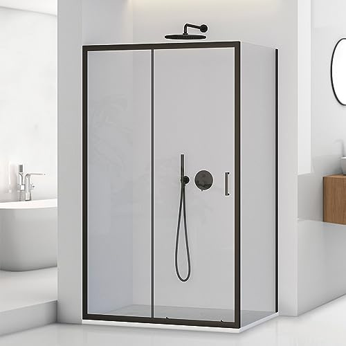 Box doccia angolare 80x120 cm nero opaco H 195 cm, parete fissa e anta scorrevole con vetro trasparente e installazione reversibile, Tay