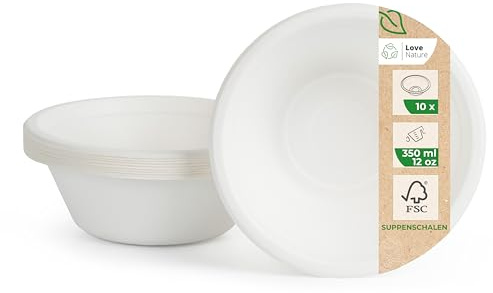Love Nature Cuencos desechables de pulpa de caña de azúcar 350 ml – 10 piezas de cuencos desechables ecológicos – Vajilla desechable