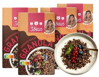 3Bears Granola - Peanut-Cocoa | Granola croccante e vegana con arachidi e cacao, 4x325g | Senza zucchero industriale | In collaborazione con Sarah Harrison