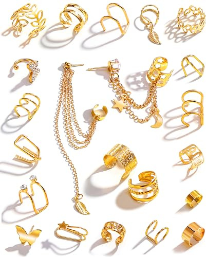 22Pcs Gold Ear Cuffs Earrings for Women Non Piercing Lightweight, Adjustable Hypoallergenic Fake Clip On Cartilage Butterfly Chain Twist Helix Leaf Wrap Earrings Set, Trendy Jewelry (Gold)