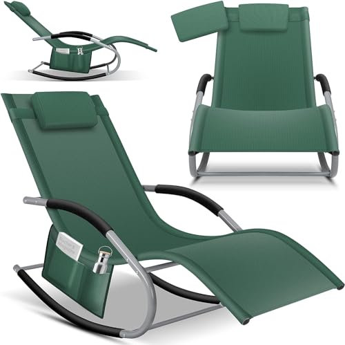 KESSER® Sonnenliege Relaxliege Schwungliege | Gartenliege | Gartenstuhl | Liegestuhl | Schaukelsessel | ergonomische Relaxsessel | Kopfkissen | wetterfest | 150 kg Belastung | Khaki