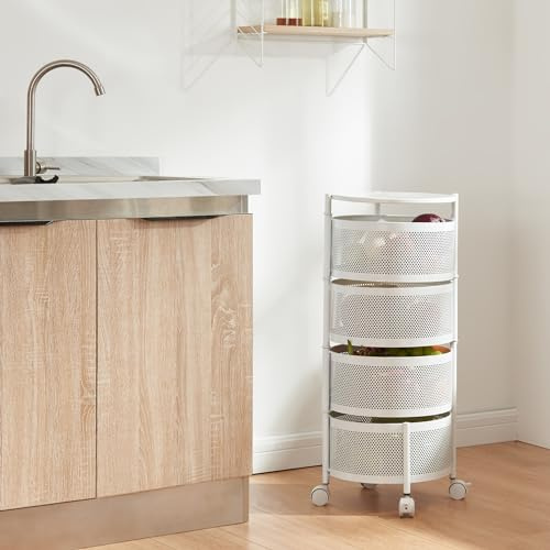 [en.casa] Rullvagn, stigning med 4 nivåer kökshylla med hjul, serveringsvagn av stål, utfällbara korgar, hylla för kök, badrum 74,5 x Ø 33 cm, vit