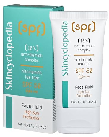Skincyclopedia SPF 50 Solskyddsmedel för ansiktet med niacinamid och teträd mot finnar, SPF 50 Sun Protection Face Fluid, UVA och UVB, solskydd med högt brett spektrumskydd, 50 ml