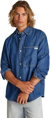 Calvin Klein CK Jeans Camisa Regular de Mezclilla Lineal para Hombre, J30J327509, Mezclilla (Mezclilla Mediana), XS, Mezclilla (Mezclilla Mediana), XS