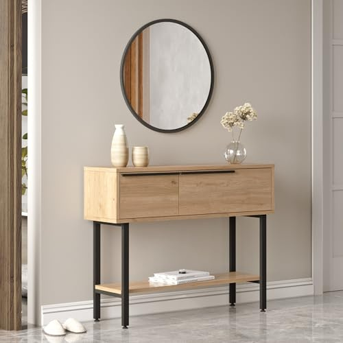 [en.casa] Table Console Design Intemporel Table d'Appoint avec 2 Compartiments de Rangement Rabattables Panneau de Particules Métal 100 x 30 x 76 cm Effet Chêne Noir