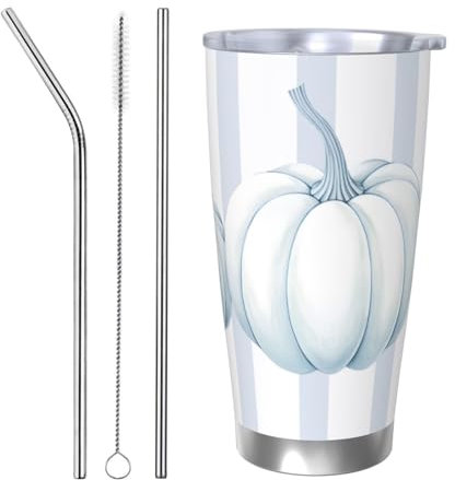 Mexpekil Isolierter Reisebecher, Eiskaffeetasse, Reisebecher, Edelstahl, Smoothie-Tasse, Auto-Kaffeetasse, Erntedankfest, Kürbis-Streifen, Becher mit Strohhalm und Deckel, 590 ml