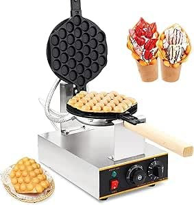 OFNHJK Electric Waffle Maker, 1200W Commercial Egg Bubble Puff Iron, 360°Rotatable 1 Pans & Bent Handles, Stainless Steel Baker w/Non-Stick Teflon Coating, 50-300℃ Adjustable