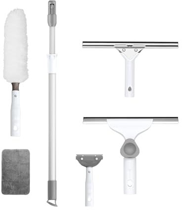 Kit de Limpieza de Cristal,con telescópico Mango,rascadora 35cm,Plumero 55cm,Escoba Mágica para Limpia Ventanas Altas y Paredes Techos Ducha y Automóvil (180cm)