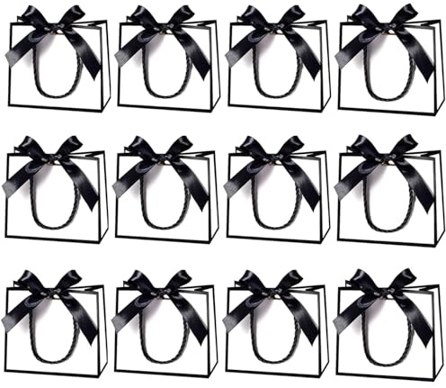 Små presentpåsar med handtag, mini presentpåsar liten tack-presentpåsar med rosett för bröllop baby party födelsedag del (vit, svart, 12 stycken)